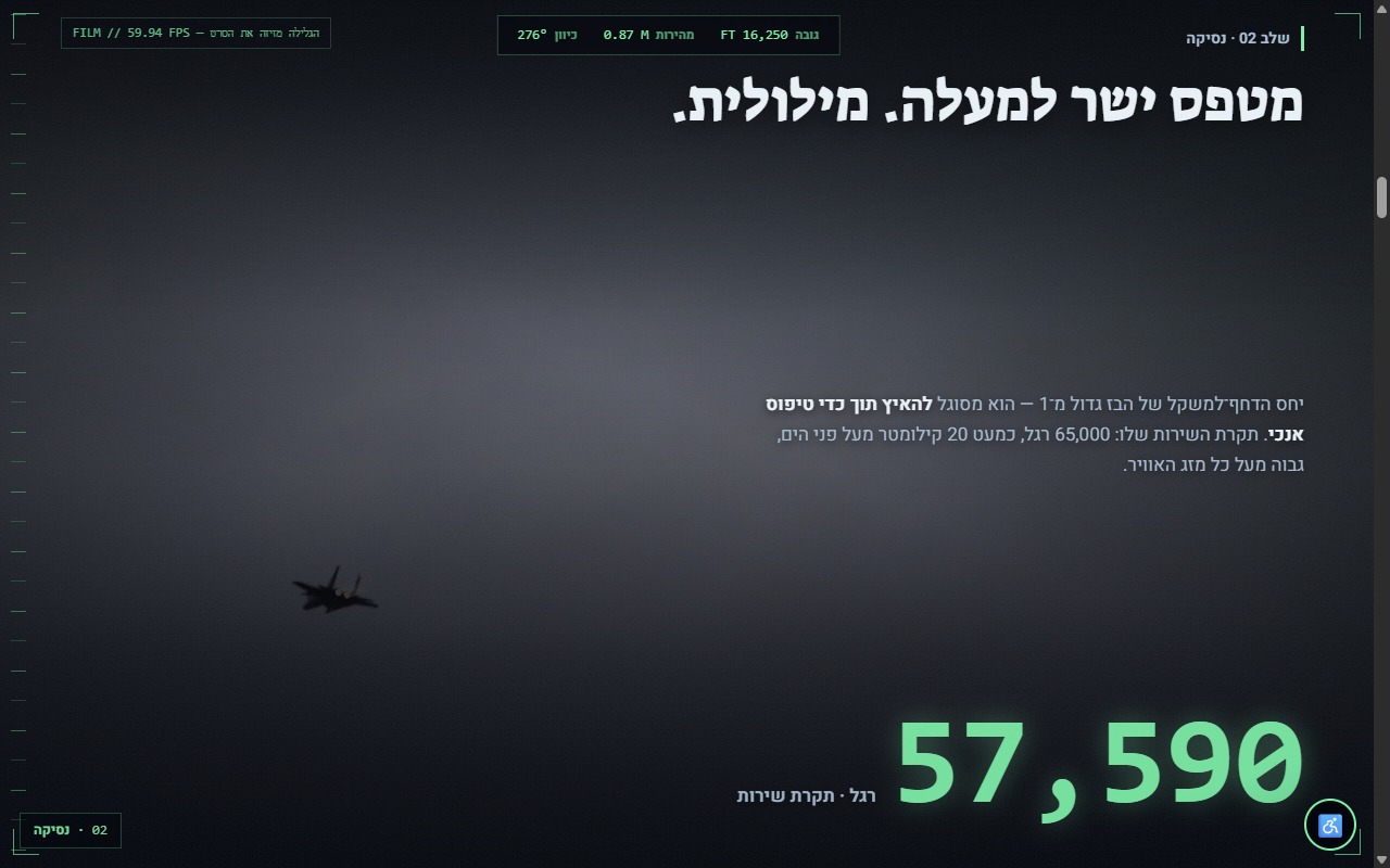 רקע: פרט מוגדל מפרק הטיפוס בעמוד המאושר — מטוס קרב בודד בתוך ערפל, בגובה.
